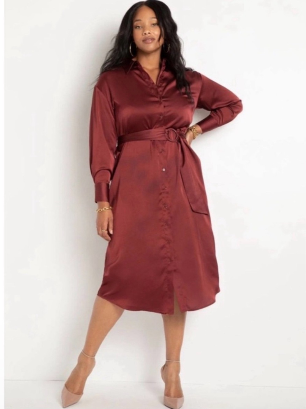 NWOT Eloquii Satin Button Down Shirtdress - Burgundy Maroon Red Belted